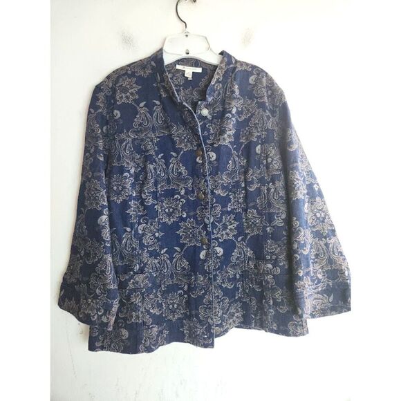 JM Collection Jackets & Blazers - JM Collection Women Dark Blue w/Gold Floral Print Cotton Denim Jacket Blazer 16